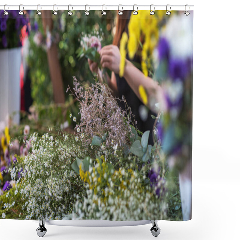 Personality  Florist Arranging Vibrant Bouquets With White, Yellow, Purple, And Green Flowers On A Floral Display At An Outdoor Market, Showcasing A Diverse Selection Of Blooms And Greenery In A Natural Setting Shower Curtains