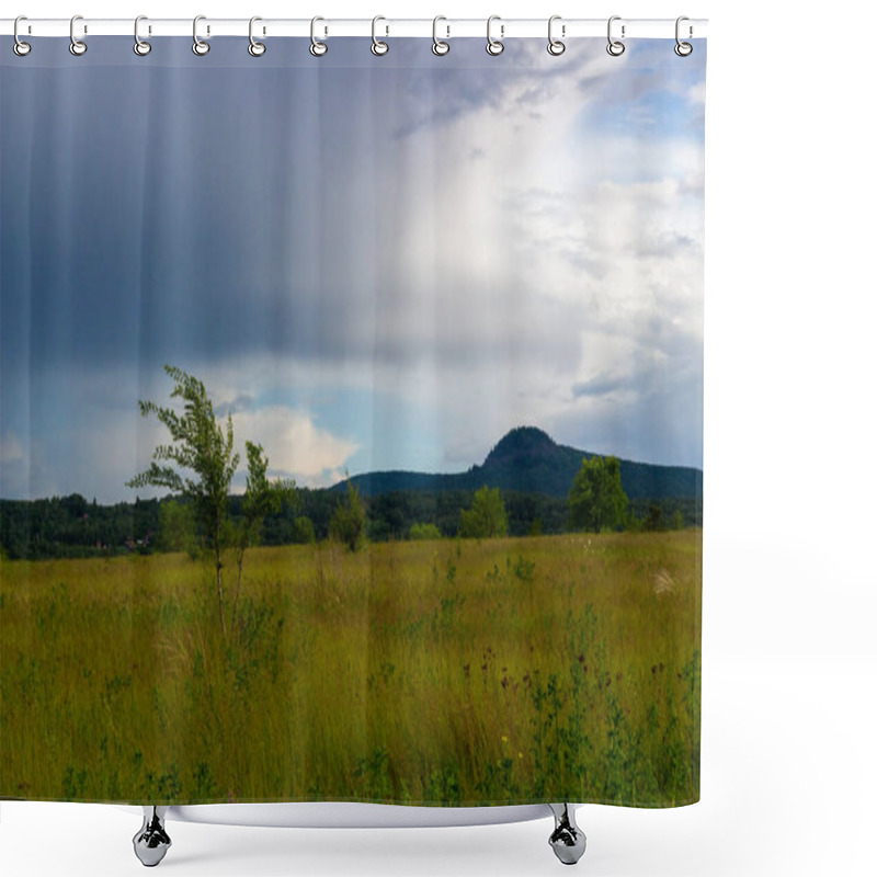 Personality  Summer Landscape On Meadow Before The Storm. Gloomy Heavy Clouds Before The Rain. View Of Black Sopka Or Karatag Near Krasnoyarsk, Siberia Shower Curtains