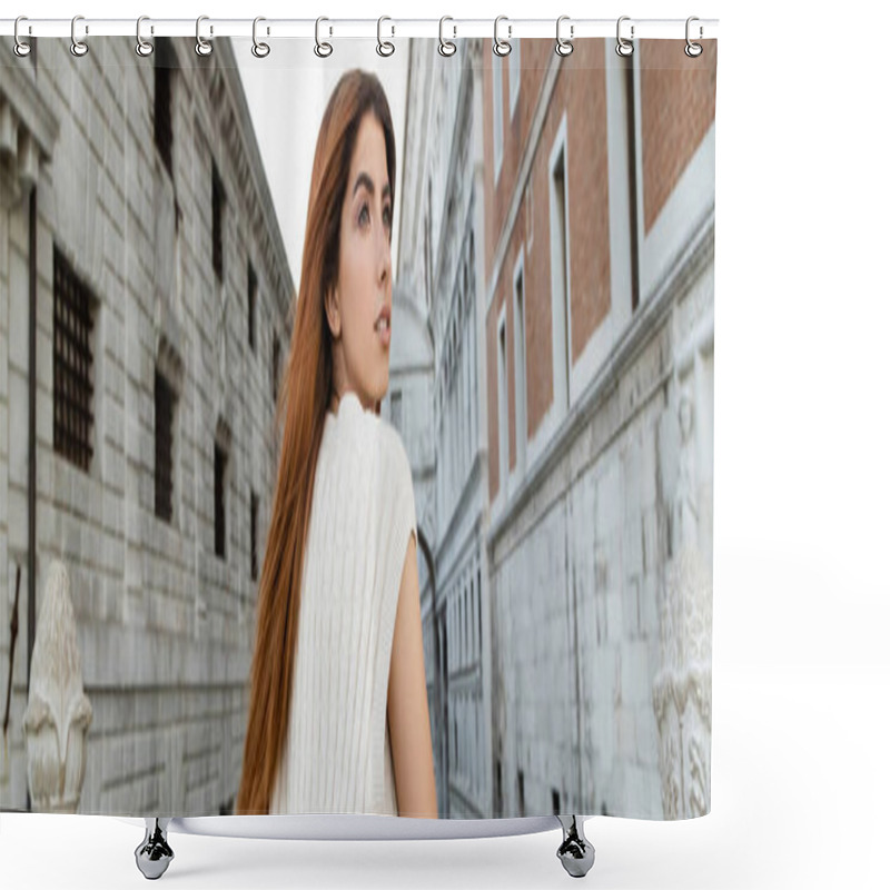 Personality  Redhead Woman In Knitwear Looking Away Near Medieval Prison In Venice, Banner Shower Curtains