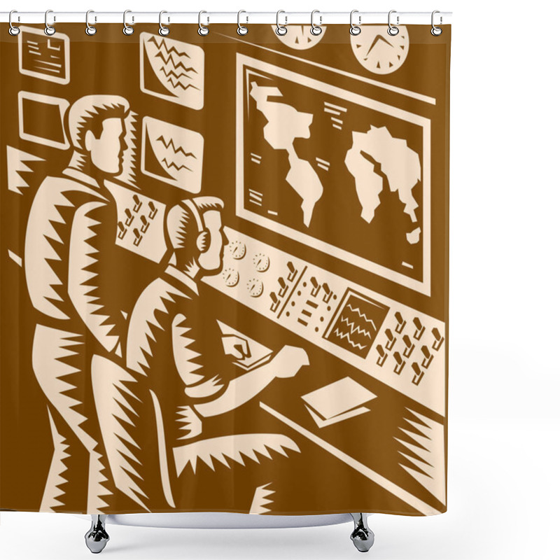 Personality  Control Room Command Center Headquarter Woodcut Shower Curtains