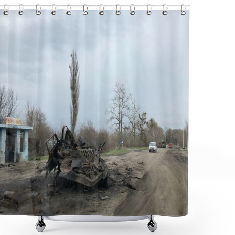 Personality  Borodyanka, Kyiv Region, Ukraine. April 08, 2022: Destruction And Burnt Out Russian Military Vehicle In Borodyanka Shower Curtains