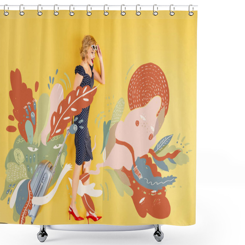 Personality  Top View Of Young Shocked Elegant Woman With Suitcase Lying On Yellow Background With Floral Illustration Shower Curtains