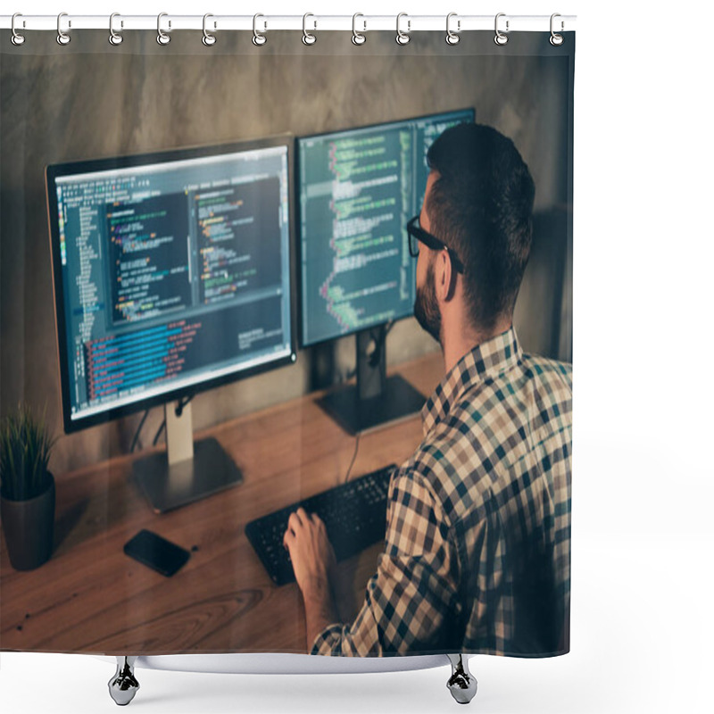 Personality  Profile Side View Of His He Nice Bearded Guy Wearing Checked Shirt Professional Expert Html Data Base Structure Screen At Wooden Industrial Interior Work Place Station Shower Curtains