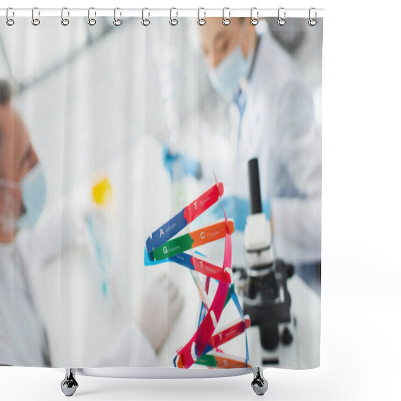 Personality  Selective Focus Of Dna Structure Model Near Geneticists In Medical Masks On Blurred Background Shower Curtains