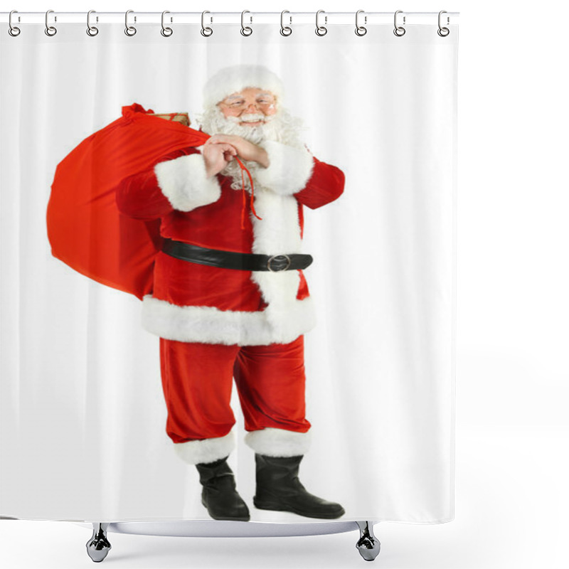 Personality  Santa Claus With Bag, Filled Gift Boxes Isolated On White Background Shower Curtains