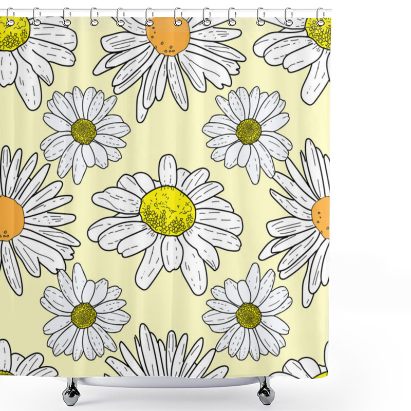 Personality  Vector Yellow Background Daisy Flowers And Wild Flowers. Seamless Pattern Background Shower Curtains