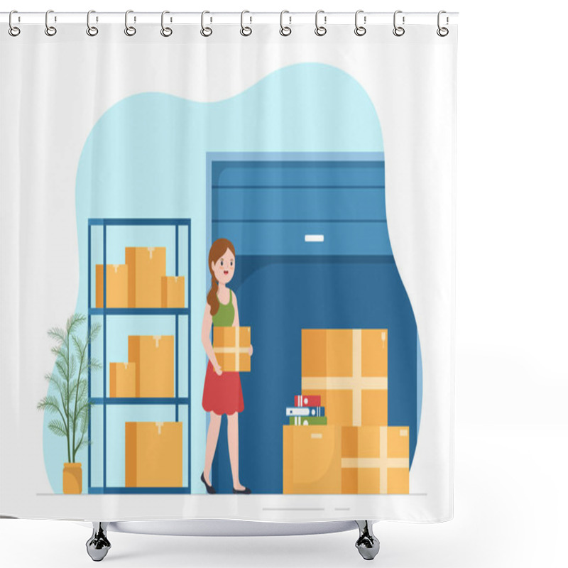 Personality  Self Storage Of Cardboard Boxes Filled With Unused Items In Mini Warehouse Or Rental Garage In Flat Cartoon Hand Drawn Templates Illustration Shower Curtains