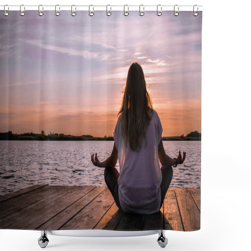 Personality  Young Women In Meditative Yoga Position On Wooden Pontoon On The Lake  Shower Curtains