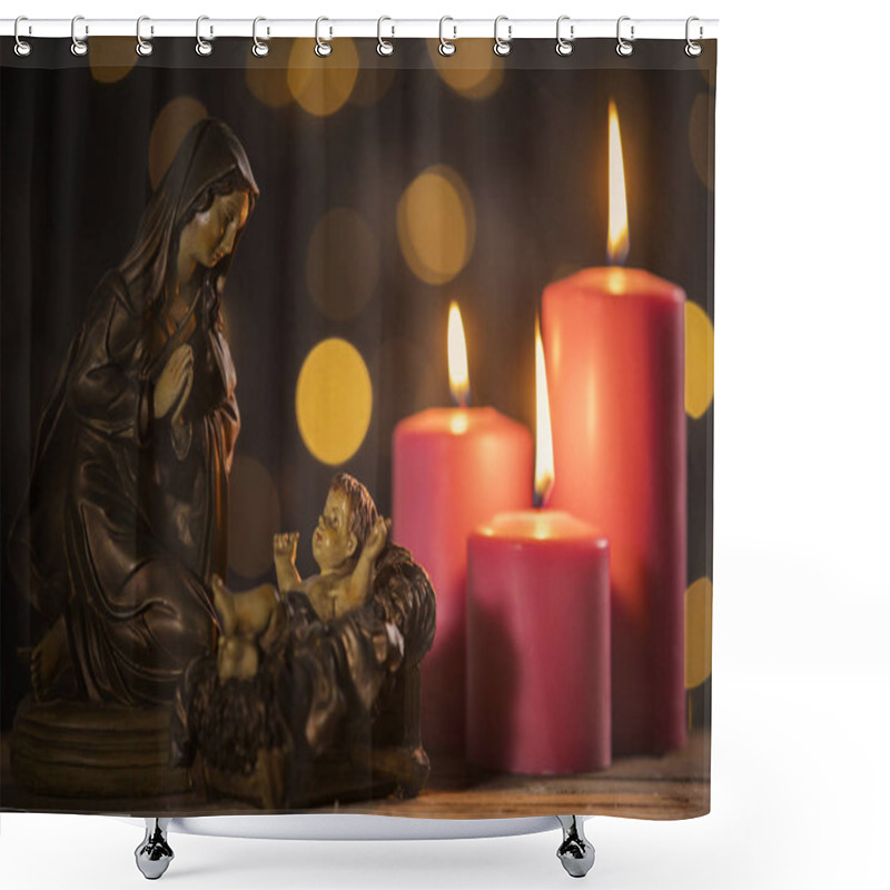 Personality  Statuette Of Baby Jesus With Mary And Burning Candles On The Table With Blurred Sparkling Light Background Shower Curtains