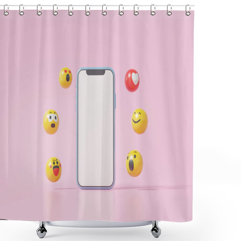 Personality  Mock Up Smartphone White Screen Platform Social Media Digital Marketing Online Concept With Show Emoji, Heart, Like, Smile Floating On Pink Background. Minimal Cartoon. 3d Render Illustration Shower Curtains