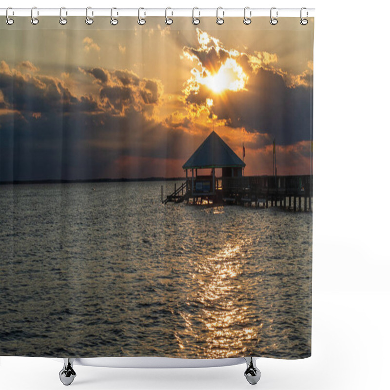 Personality  A Gazebo At The End Of A Boardwalk In Duck Is Silohouetted Against The Setting Sun. Shower Curtains