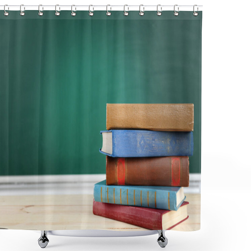 Personality  Stack Of Books On Desk, On Blackboard Background Shower Curtains