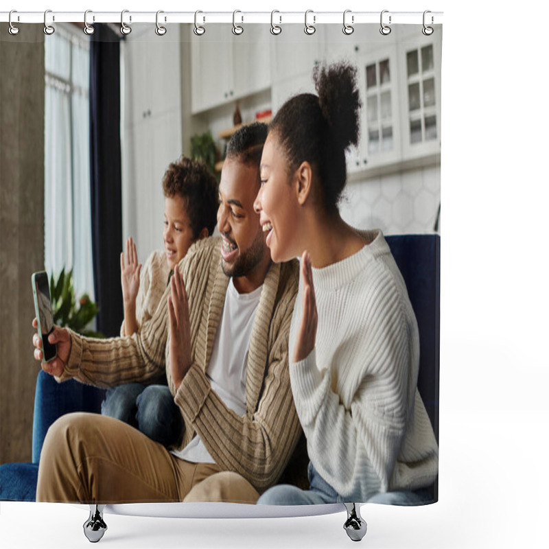 Personality  Loving African American Family, Sitting Together On A Vibrant Blue Couch. Shower Curtains