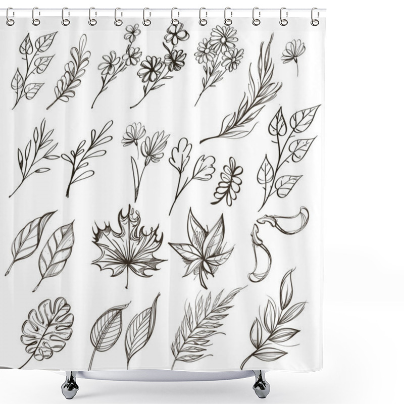 Personality  Set Of Botanical Graphics: Wildflowers, Herbs, Leaves And Branches. Outline Vector Illlustration Isolated On Wild Background. Shower Curtains