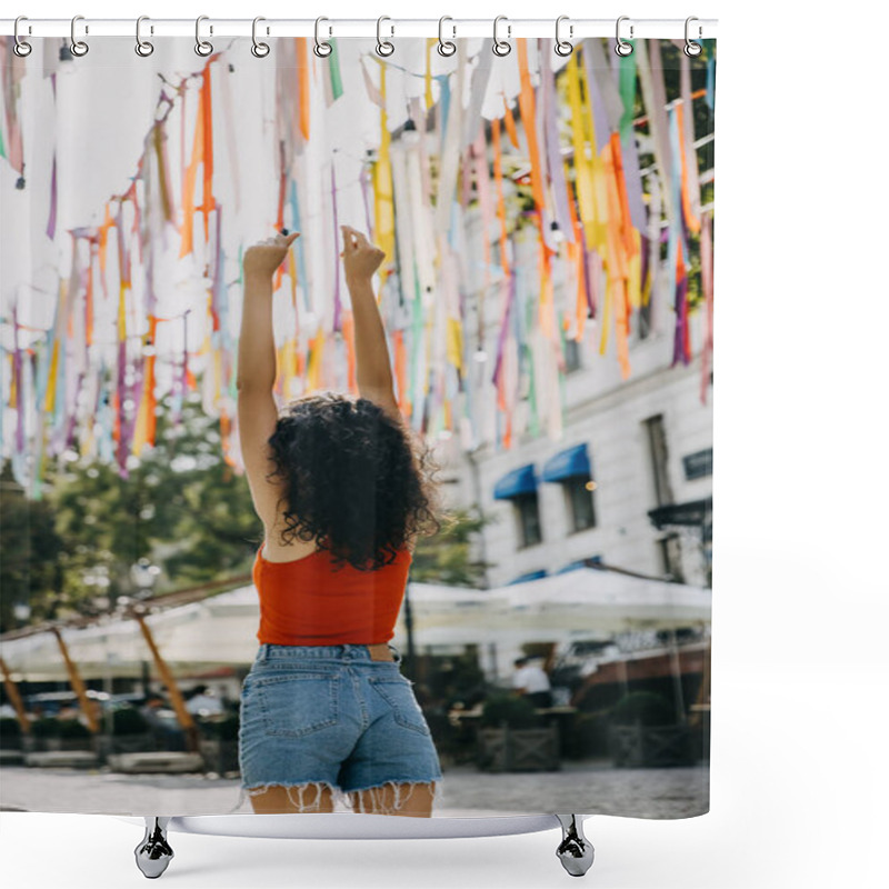 Personality  Happy Young Woman With Curly Brunette Hair, Standing On City Streets, Holding Arms Up, Dancing. Shower Curtains