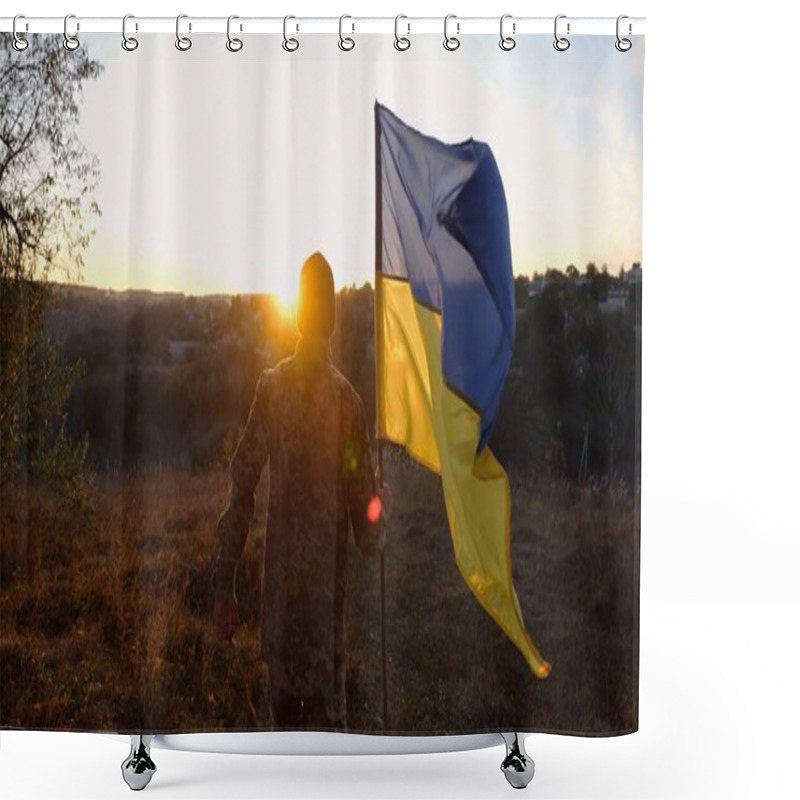 Personality  Young Man In Military Uniform Jogs With Waving Flag Of Ukraine At Sunset. Male Soldier Of Ukrainian Army Runs With Lifted Blue-yellow Banner At Countryside. Concept Of Invasion Resistance. Slow Motion Shower Curtains