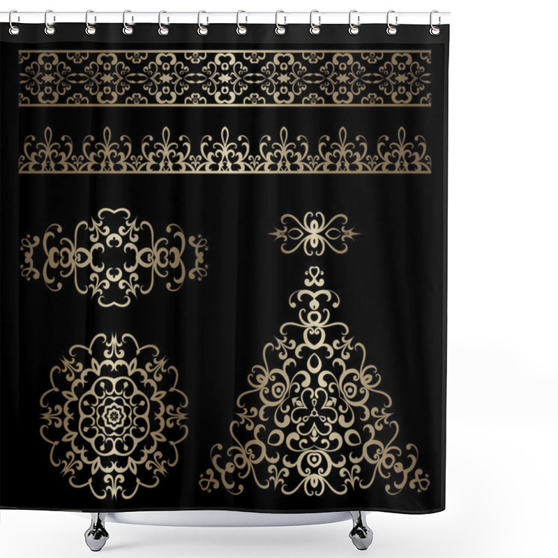 Personality  Gold Borders And Swirly Design Elements On Black Shower Curtains