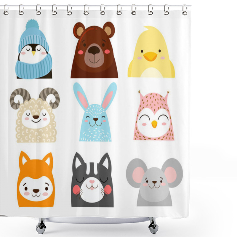 Personality  Set Of Cute Cute Animals. Penguin, Lamb, Rabbit, Chicken, Bear And Others. Shower Curtains