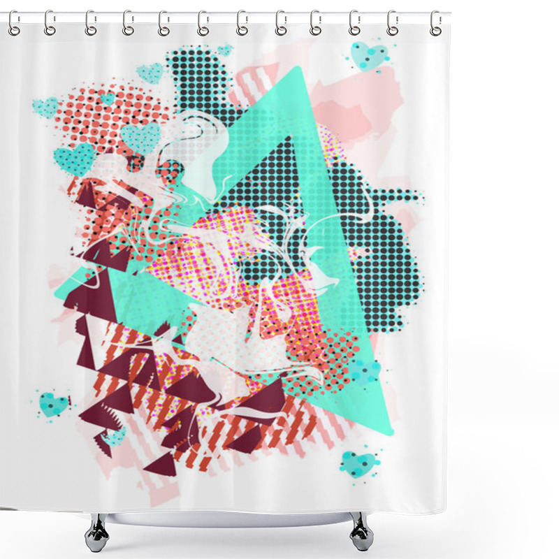 Personality  Abstract Fun Liquid Shape Fluid Design Geometric Shapes, Triangle Frame, Dots, Spots And Line Patterns Composition. Modern Eps10 Layered Vector Illustration Template Isolated On White Background. Shower Curtains