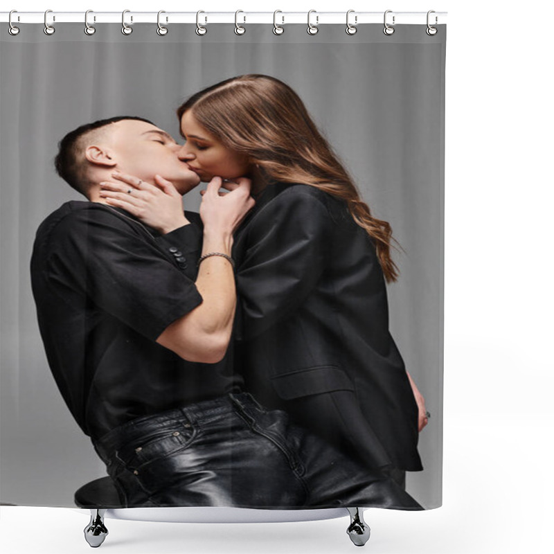 Personality  A Young Man And Woman Share A Passionate Kiss In A Studio With A Grey Background. Shower Curtains