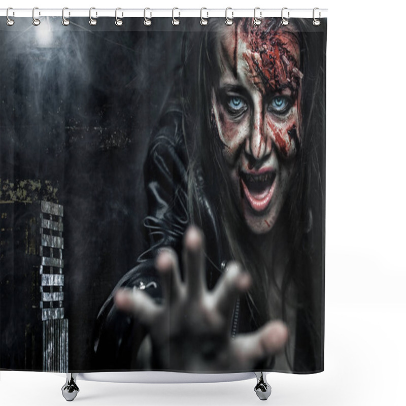 Personality  Close-up Portrait Of Horrible Zombie Woman With Wounds. Horror. Halloween Poster. Shower Curtains