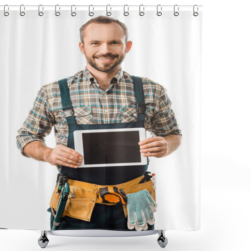 Personality  Handsome Smiling Plumber Showing Tablet With Blank Screen Isolated On White Shower Curtains