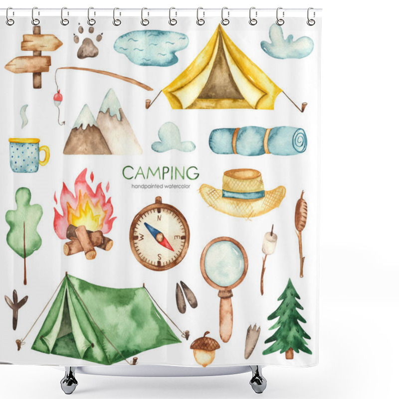 Personality  Tent, Bonfire, Fishing Rod, Hat, Tourist Rug, Compass, Magnifying Glass, Pointer. Camping Watercolor Clipart Shower Curtains