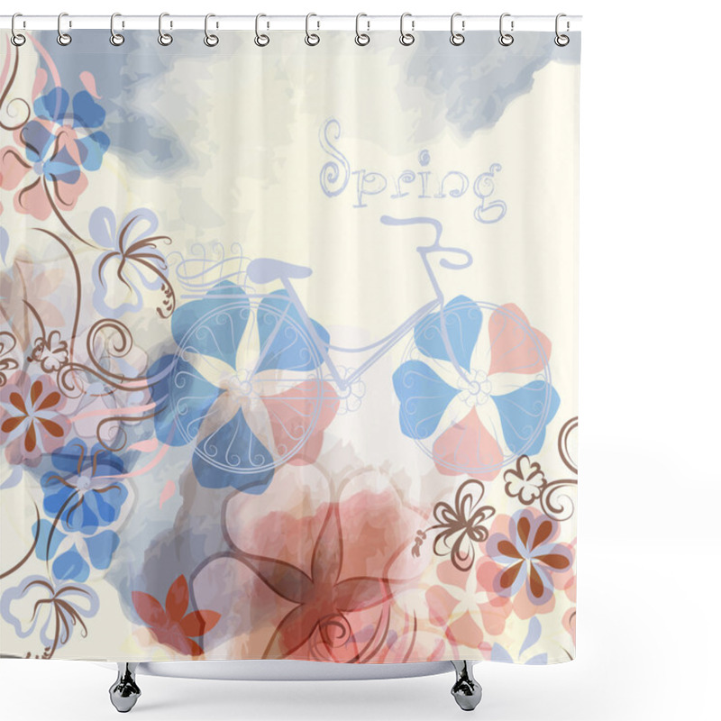 Personality  Abstract Spring Background With Flowers And Bicycle In Watercolo Shower Curtains