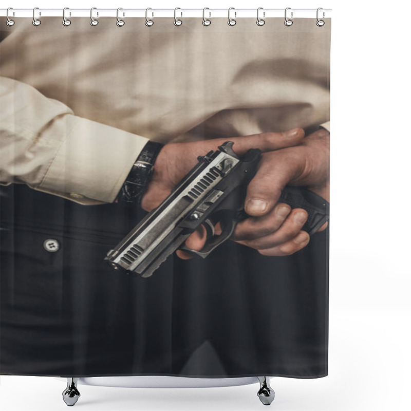 Personality  Cropped Shot Of Man In Shirt Holding Gun Behind Back Shower Curtains