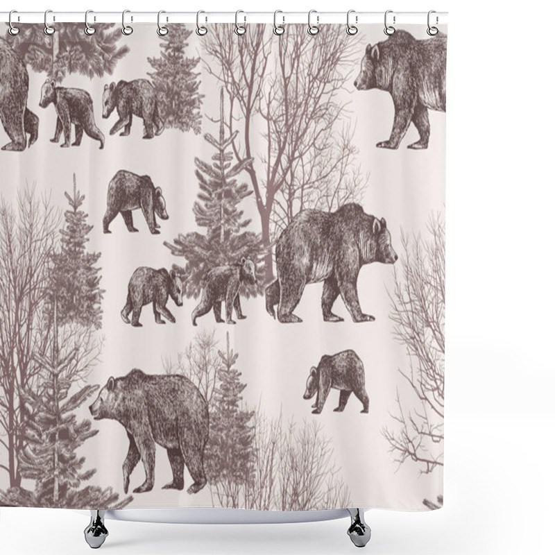 Personality  Landscape With Bears, Cubs, Winter Trees And Fir Trees. Wildlife Seamless Pattern. Hand Drawn Vector Vintage Illustration. Shower Curtains