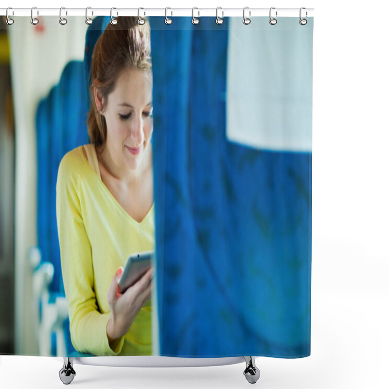 Personality  Young Woman Using Her Tablet Computer While Traveling By Train Shower Curtains