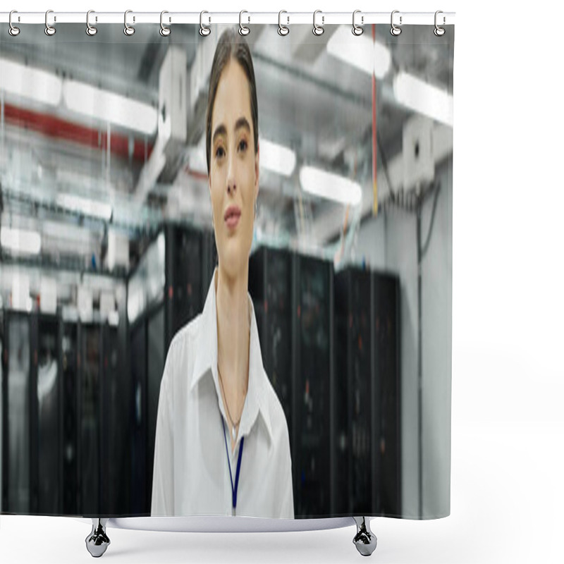 Personality  A Woman In A White Shirt Works Confidently In A High-tech Server Room, Managing Systems, Banner Shower Curtains