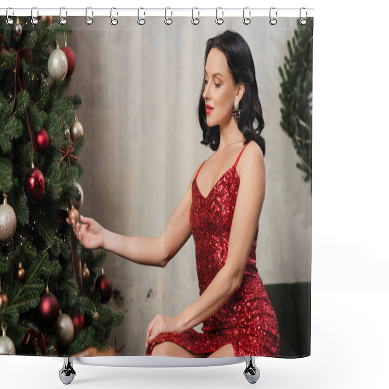 Personality  Elegant Brunette Woman In Red Dress Looking At Baubles On Decorated Christmas Tree, Wealthy Life Shower Curtains