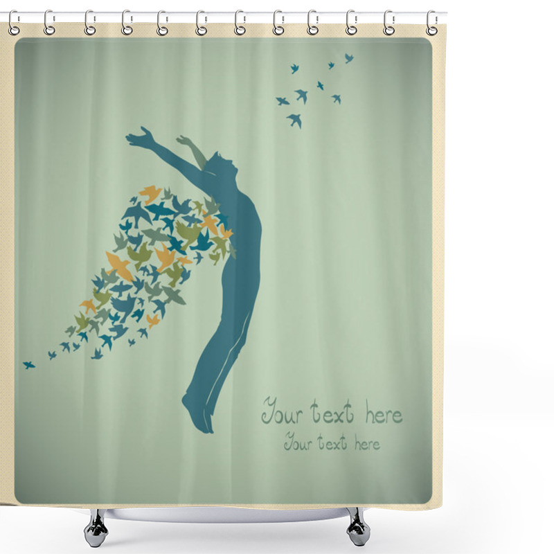 Personality  Man Jumping With Swarm Of Birds. Shower Curtains