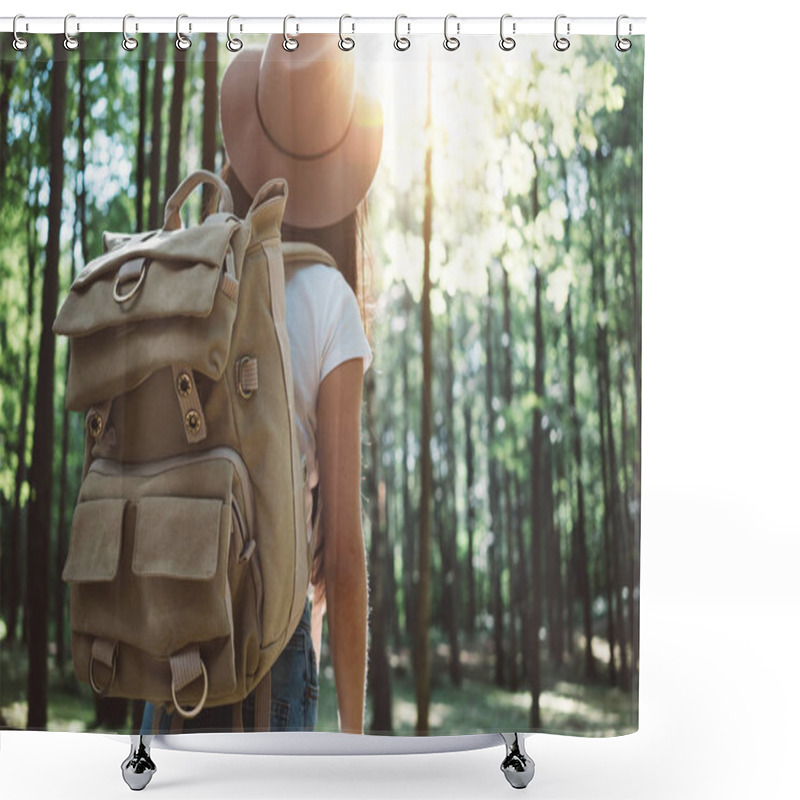 Personality  Handsome Traveler Woman With Backpack And Hat Standing In Forest. Young Hipster Girl Walking Among Trees On Sunset. Close-up Traveling Backpack Shower Curtains