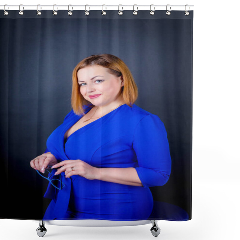 Personality  Beautiful Chubby Girl In Blue Elegant Dress On A Black Background. Sexy Plus Size Woman Shower Curtains