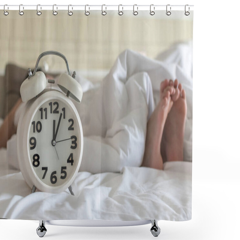 Personality  Bedtime Sleep With Alarm Clock At Noon Or Midnight Time On Bed In Bedroom For World Lazy Day And Healthy Resting Life Balance Concept Shower Curtains