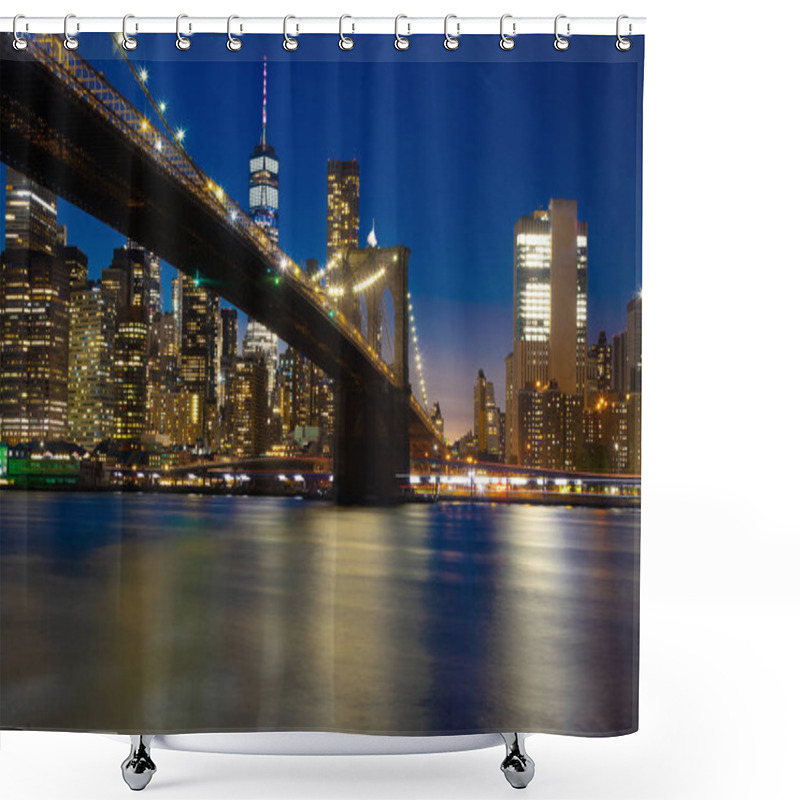 Personality  Brooklyn Bridge At Night With Water Reflection Blue Shower Curtains