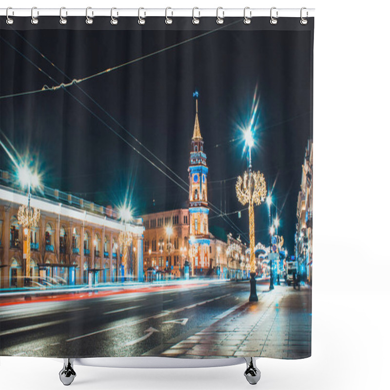 Personality  Saint Petersburg Streets With Christmas Illumination On Nevsky Prospect At Night. New Year Decorations In Russia. Empty Street Scenery With Beautiful Buildings Shower Curtains