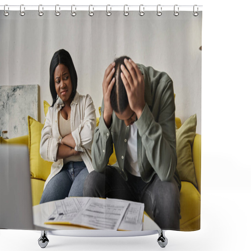 Personality  African American Couple On Couch, Man Distressed, Woman Concerned. Shower Curtains