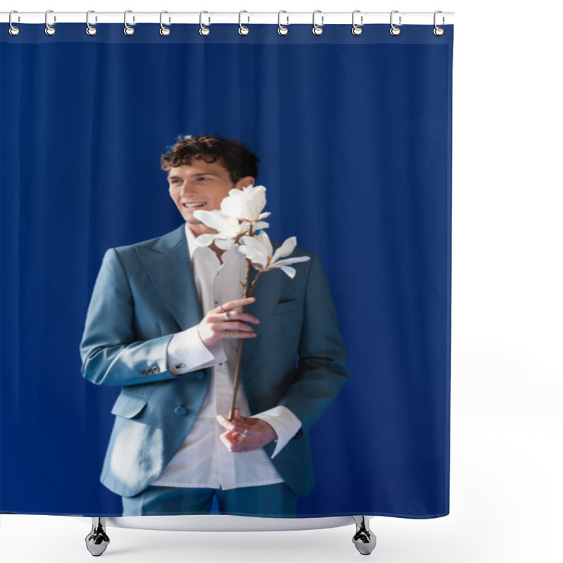 Personality  Cheerful Curly Man Holding Magnolia Flowers Isolated On Navy Blue  Shower Curtains