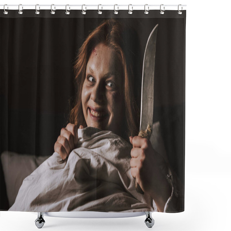 Personality  Demoniacal Smiling Girl Holding Knife In Bed Shower Curtains