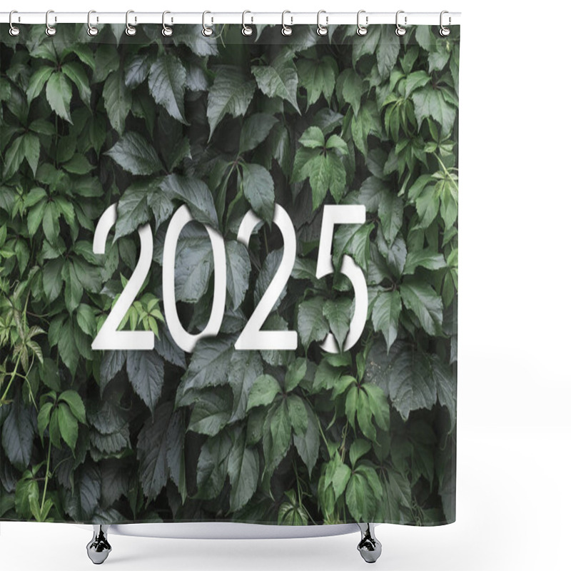 Personality  2025 New Year White Text Hidden In Natural Green Leaves Wall. Shower Curtains