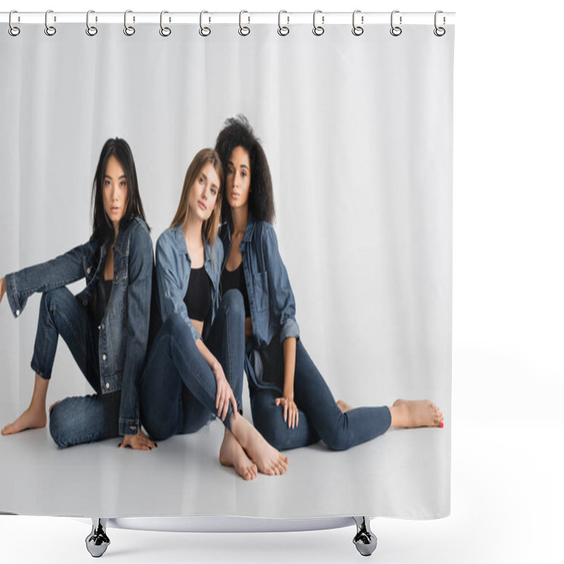 Personality  Young Interracial Models In Denim Outfit Posing On White Shower Curtains