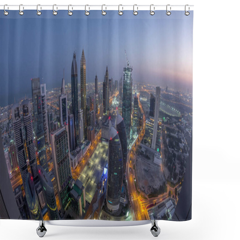 Personality  Skyline Of The Buildings Near Sheikh Zayed Road And DIFC Aerial Night To Day Transition In Dubai, UAE. Modern Towers And Illuminated Skyscrapers In Financial Center And Downtown Before Sunrise Shower Curtains