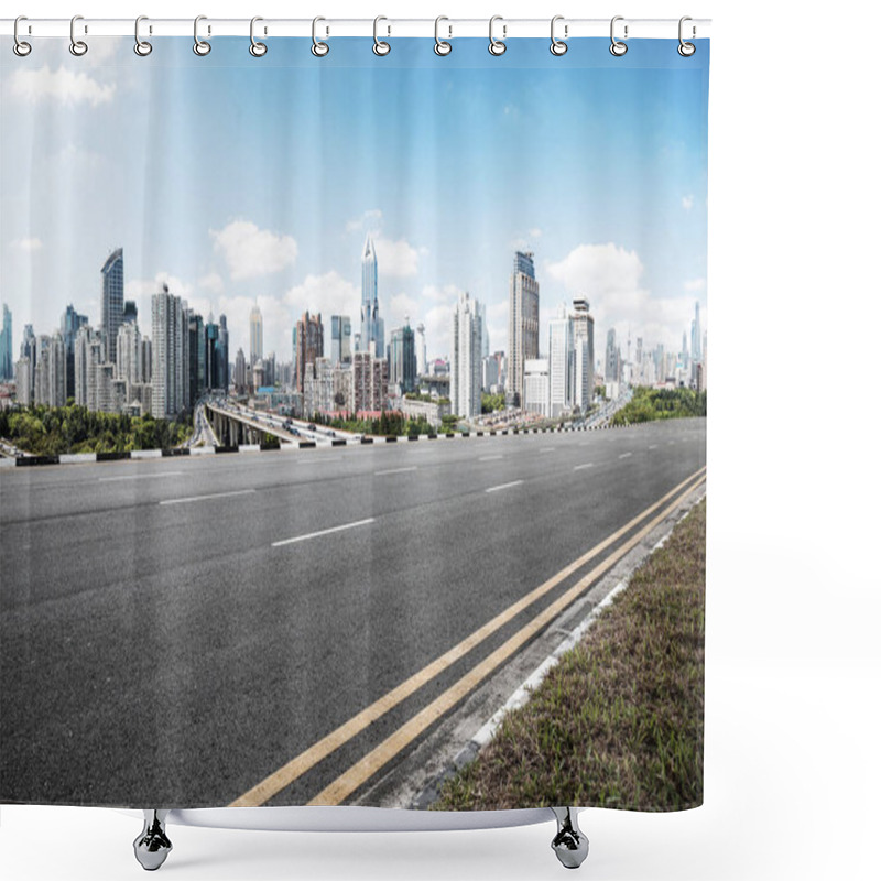 Personality  Asphalt Road With Cityscape Of Modern City Shower Curtains