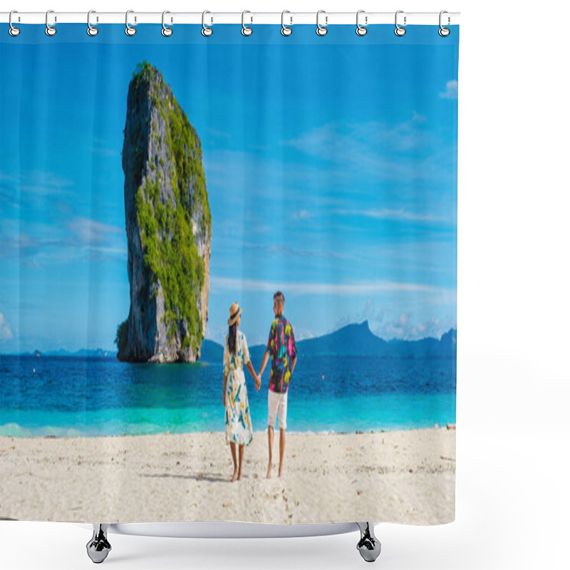 Personality  Koh Poda Krabi Thailand, Asian Woman And European Men Walking On The Tropical Beach Of Koh Poda Island Krabi Thailand. Beautiful Tropical Beach In Thailand Shower Curtains