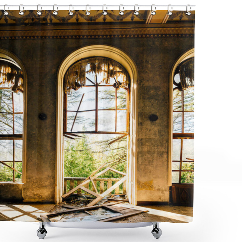 Personality  Abandoned Mansion Interior With Broken Arched Windows, Torn Curtains, And Scattered Debris. Sunlight Illuminates Decayed Walls, Shattered Glass, And A Collapsed Balcony Railing, Creating An Eerie Yet Shower Curtains