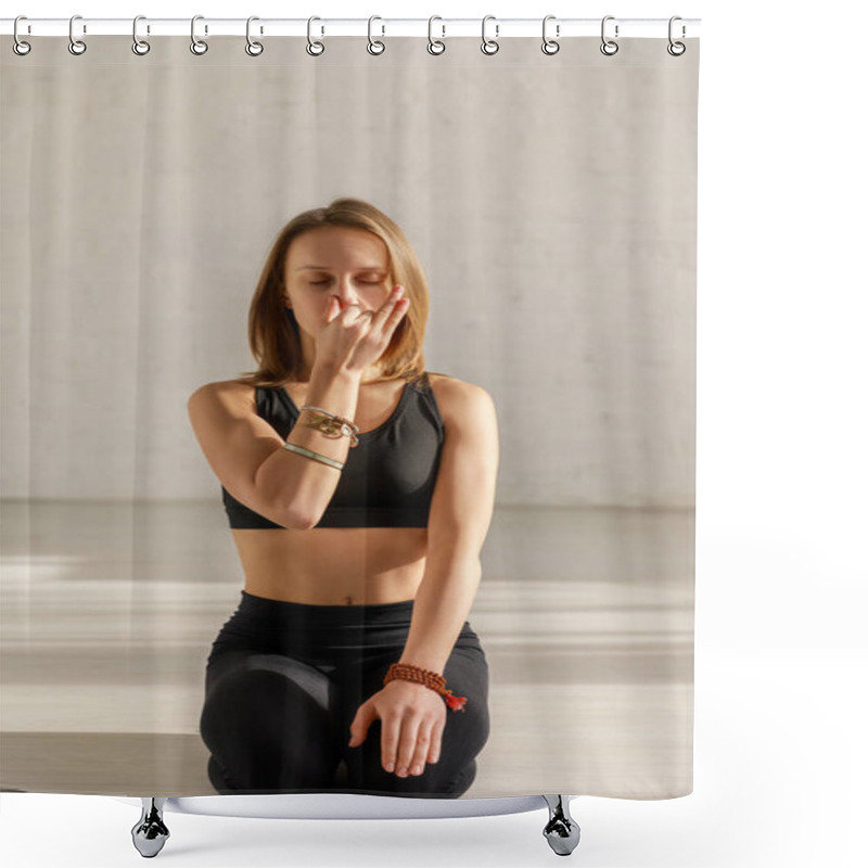 Personality  Woman With Closed Eyes Doing Breathing Exercise While Sitting On Floor  Shower Curtains