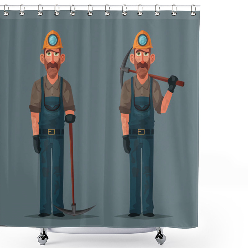 Personality  Coal Mining. Miner Character And Tools. Cartoon Vector Illustration Shower Curtains